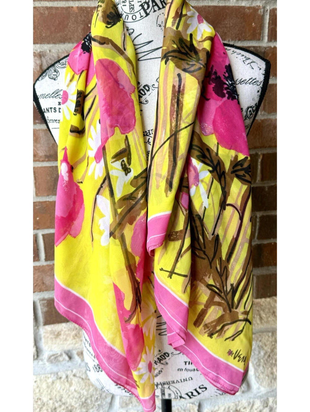 Vintage Vera Neumann Mod Floral Scarf - Large 43" - Pink & Yellow Poppies Daises